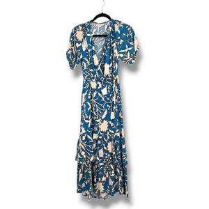 Knox Rose Floral Print Wrap‎ Maxi Dress V Neck Ruffle Hem Bohemian Pockets XS